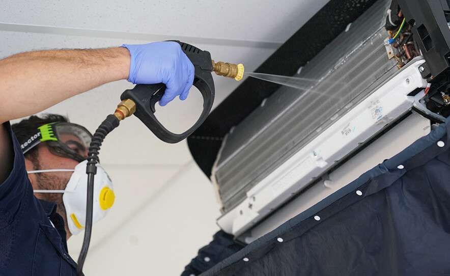 Before and after photos of dirty versus clean evaporator coils, demonstrating the impact of professional HVAC maintenance