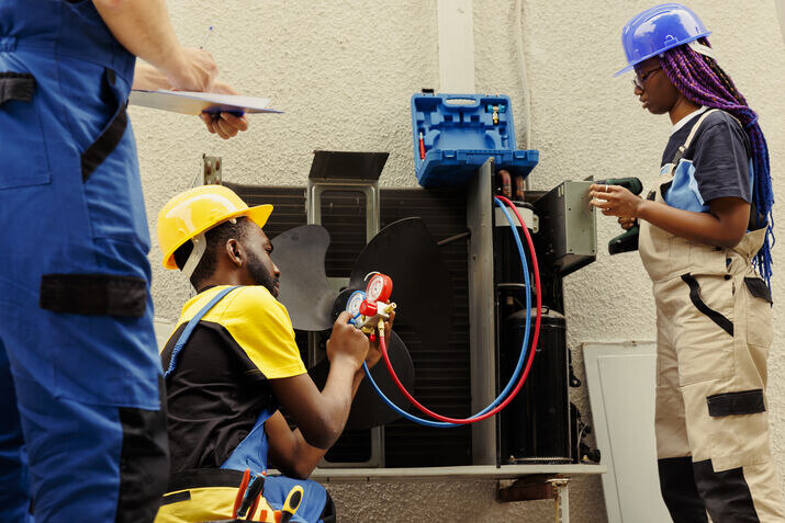 Professional HVAC technician performing annual maintenance inspection on outdoor air conditioning unit with tools and equipment